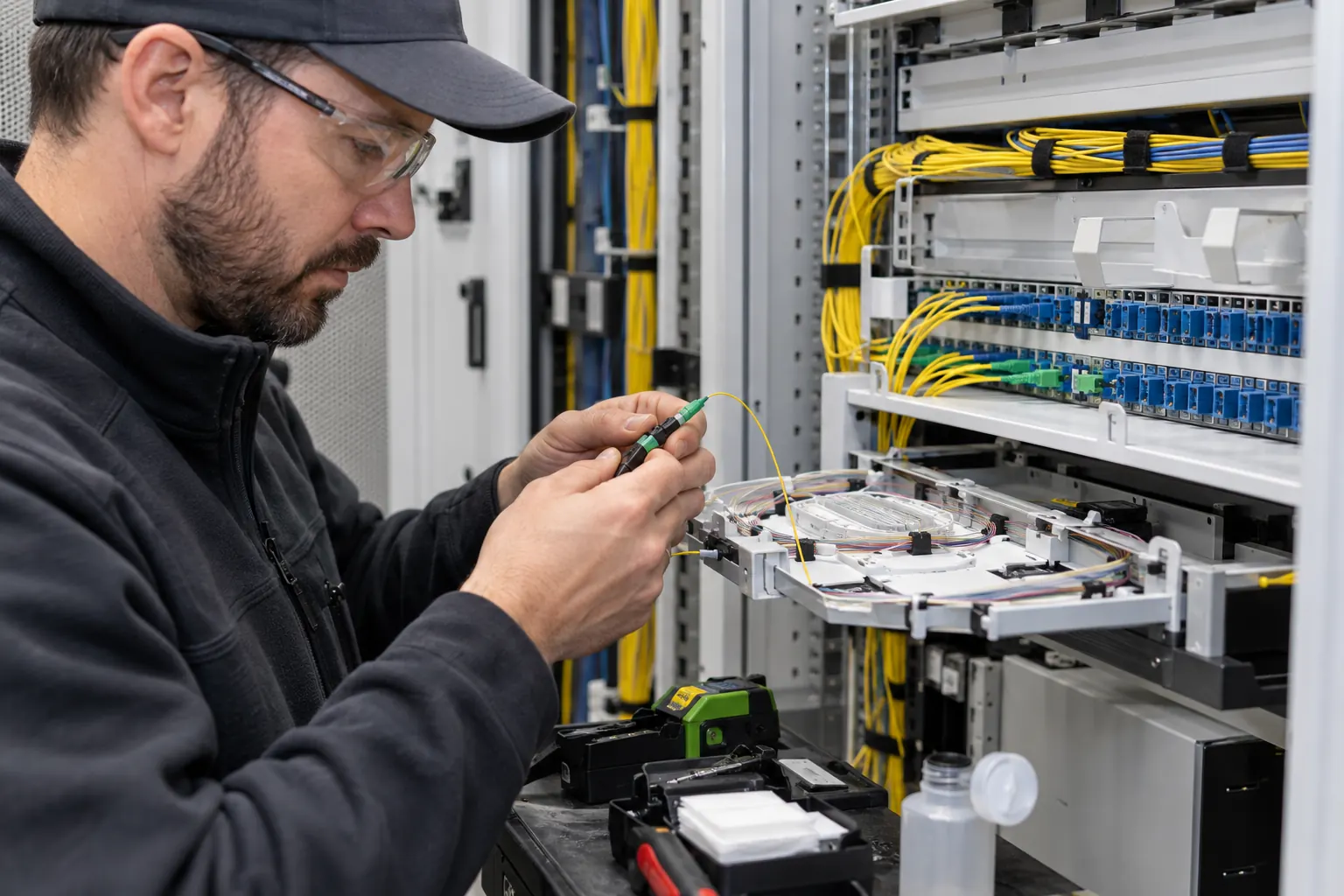 Technician inspecting fiber optic connectors and a distribution panel