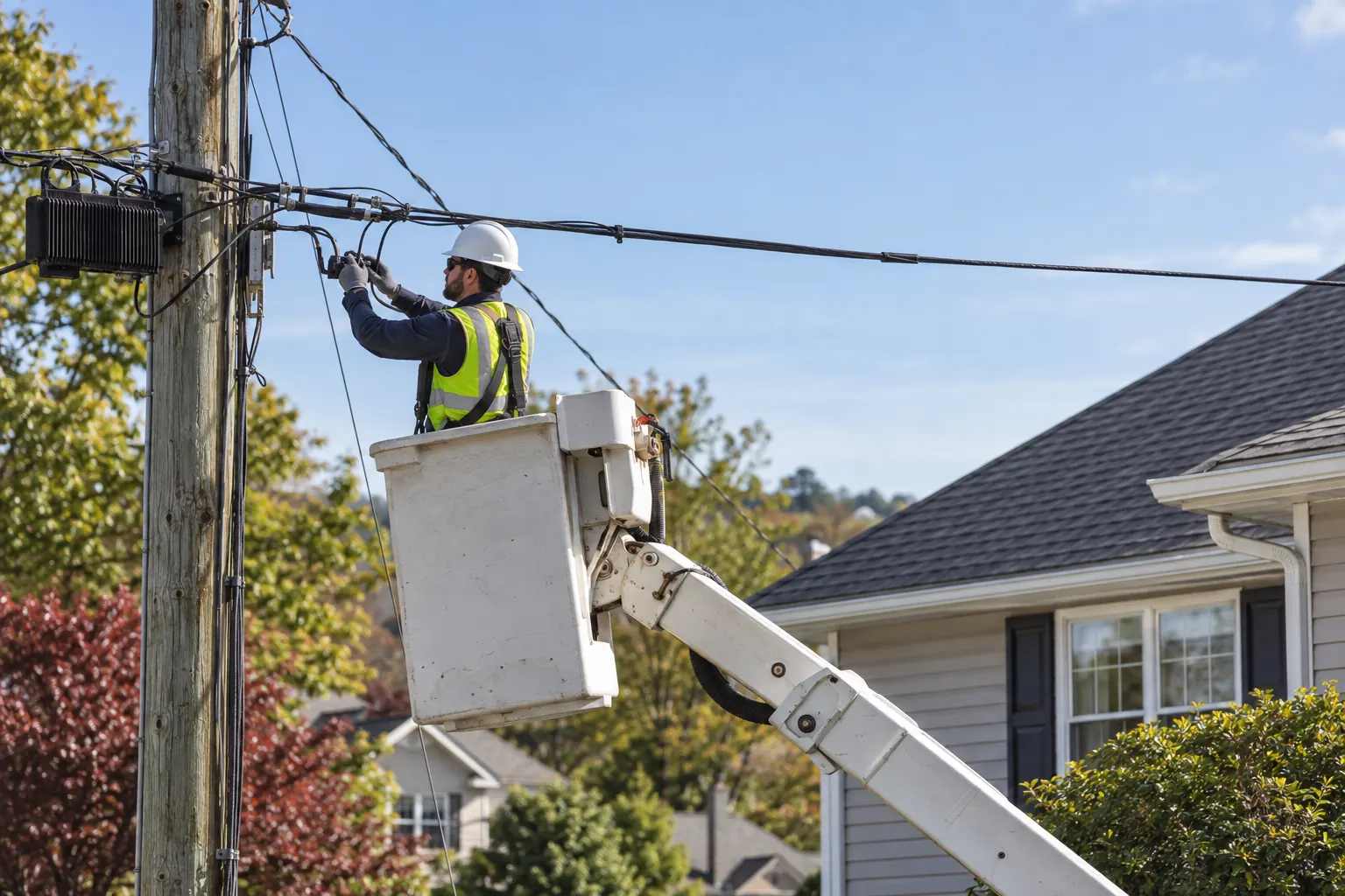 Telecommunications technician servicing an overhead cable near a home from a bucket lift