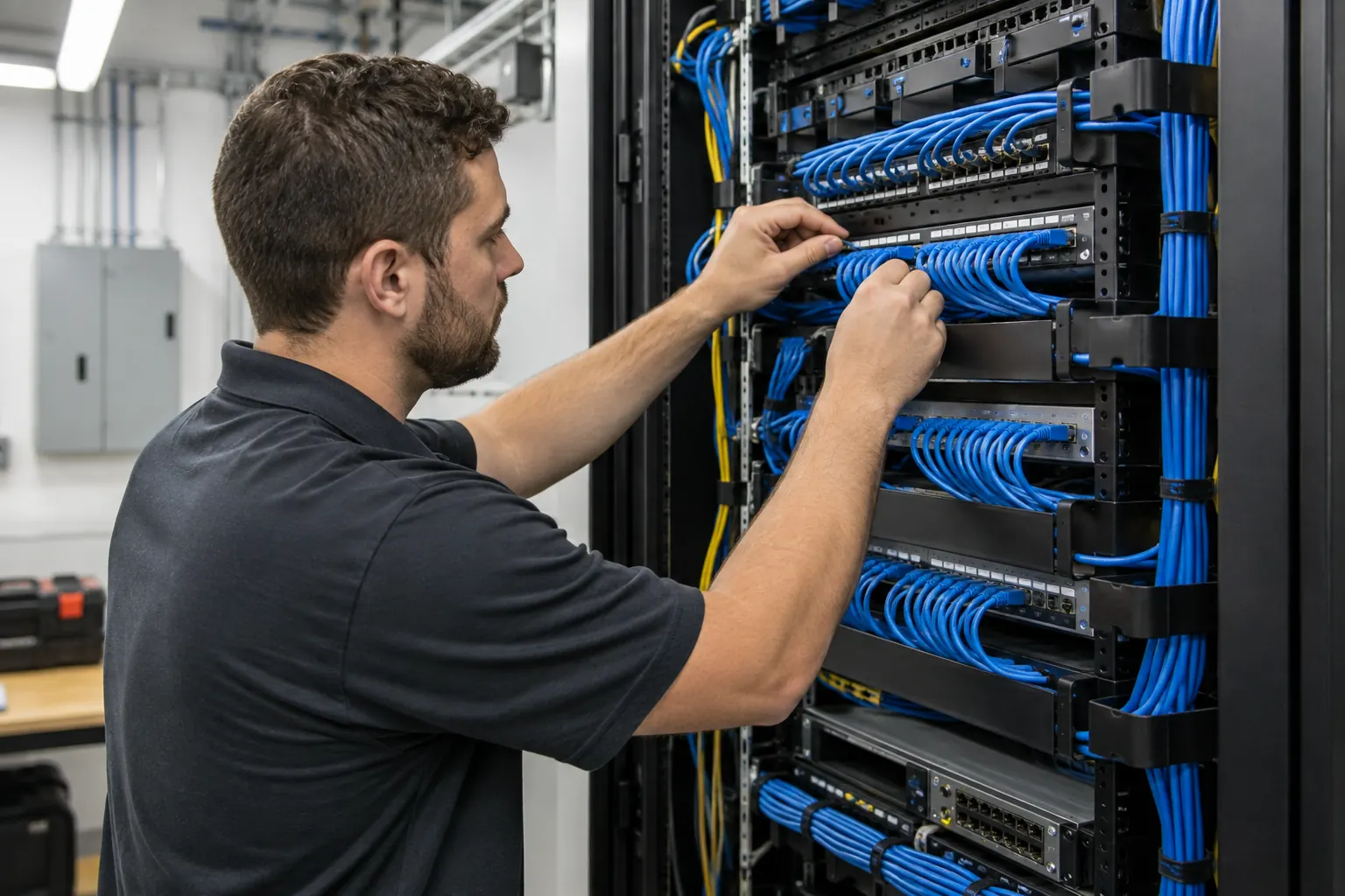 Technician checking organized network cabling in an equipment rack